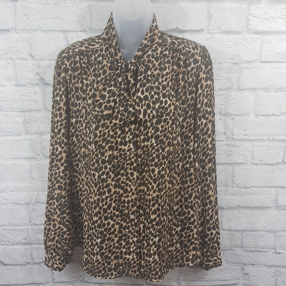J.Crew Factory Animal Print Neck Tie Business Career Blouse - Picture 2 of 10
